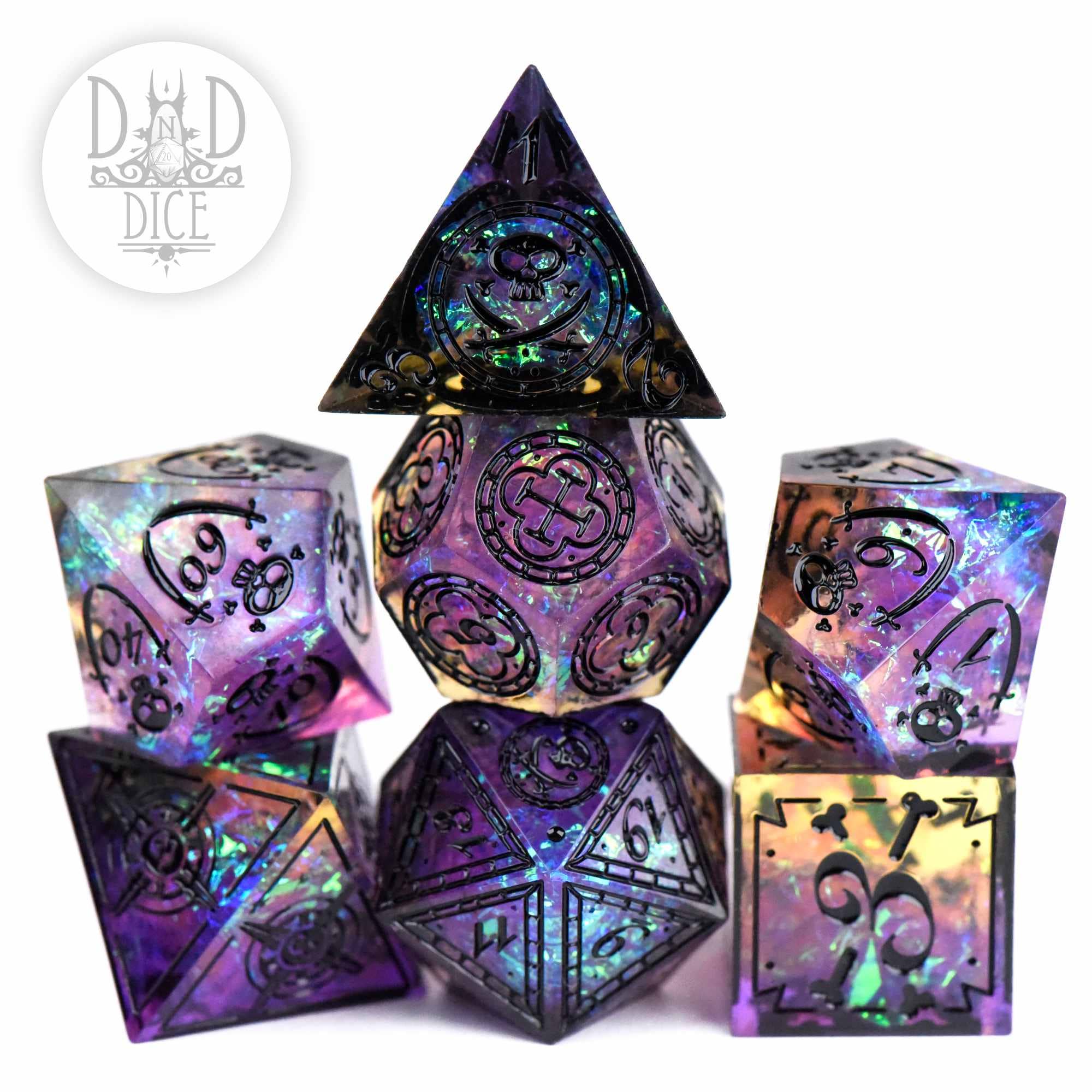 Black Beards Blight handmade resin dice set with iridescent colors and black numbers.