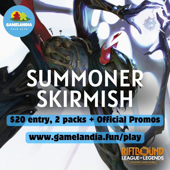 Riftbound Summoner Skirmish 1v1 at Gamelandia on September 12 with entry, prizes, and paper decklists.