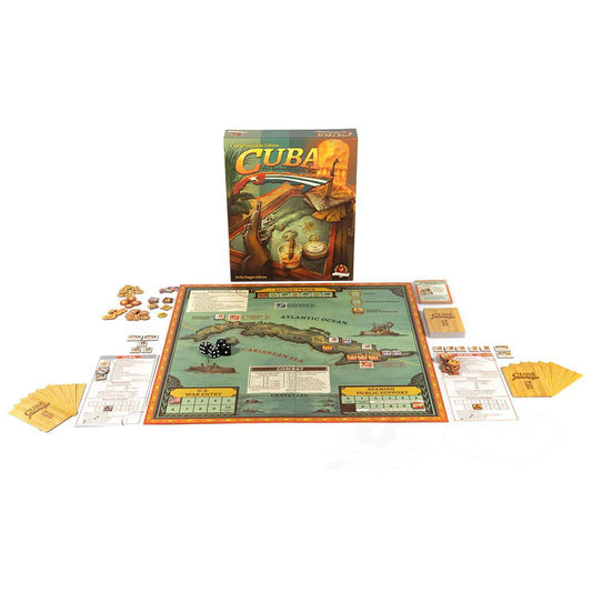 Cuba The Splendid Little War 2nd Edition board game with cards, tokens, and game box displayed.