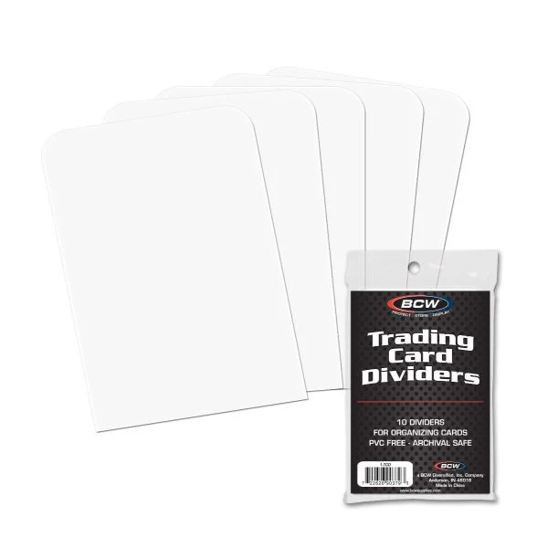 Pack of 10 blank white trading card dividers with write-on tabs, archival quality.
