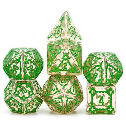 Fluorite Castle Dice Set 25mm, large green and clear dice for D&D, upright on a white background.