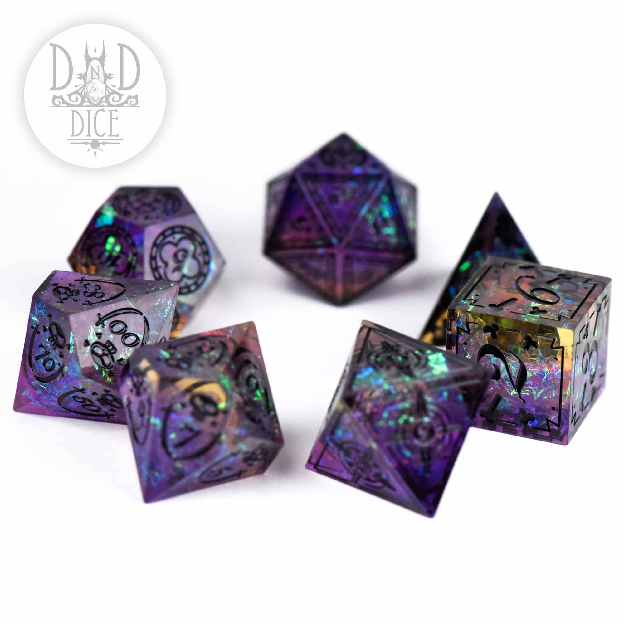 Black Beards Blight set of 6 handmade translucent purple-blue resin polyhedral dice with black numbers.