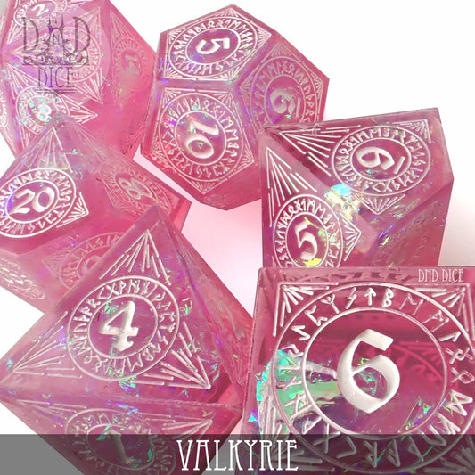 Pink 7-dice resin set with white numbers and rune symbols, labeled Valkyrie below.