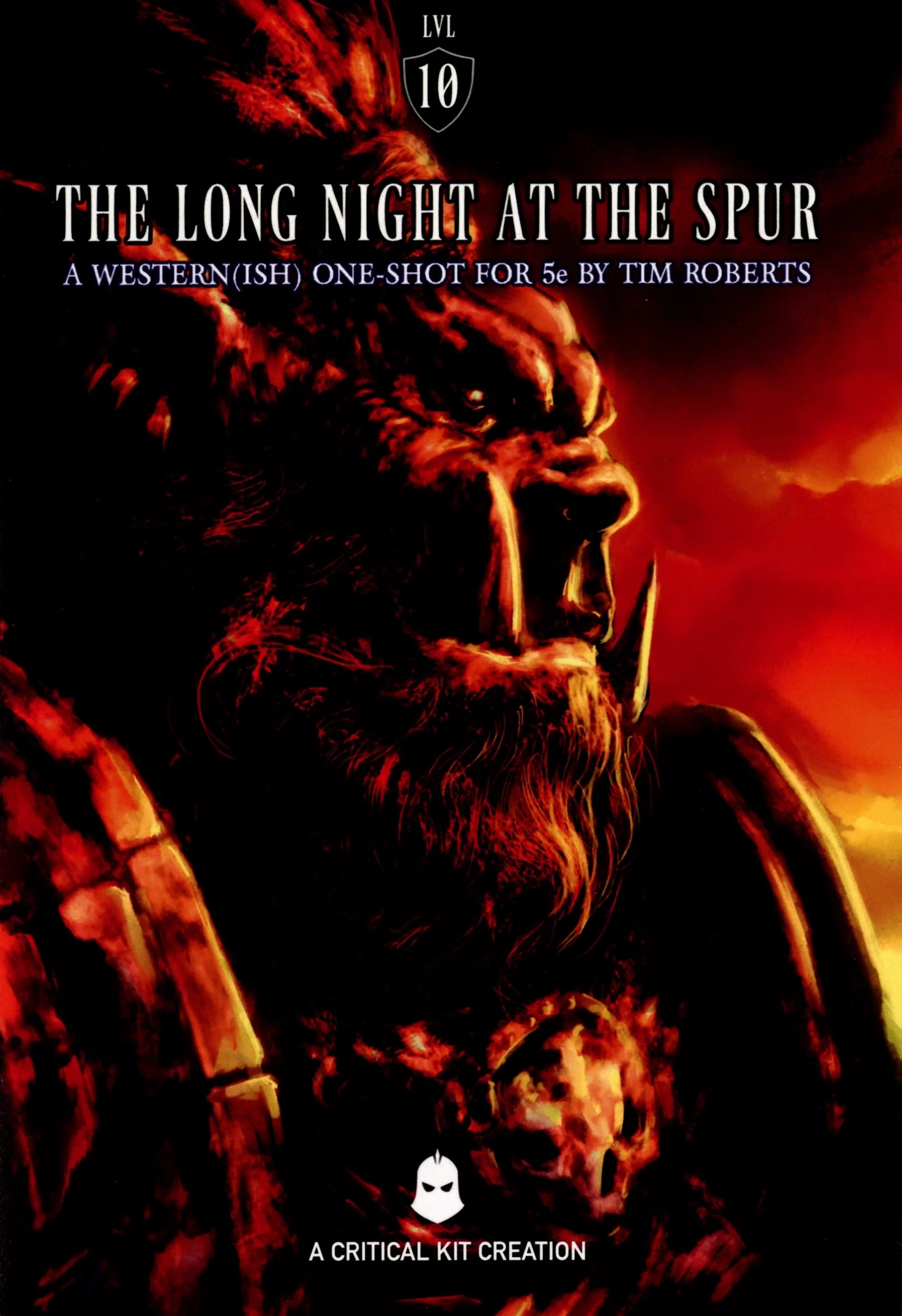 The Long Night at the Spur, a high fantasy western one-shot for 5e, cover with red-lit creature.