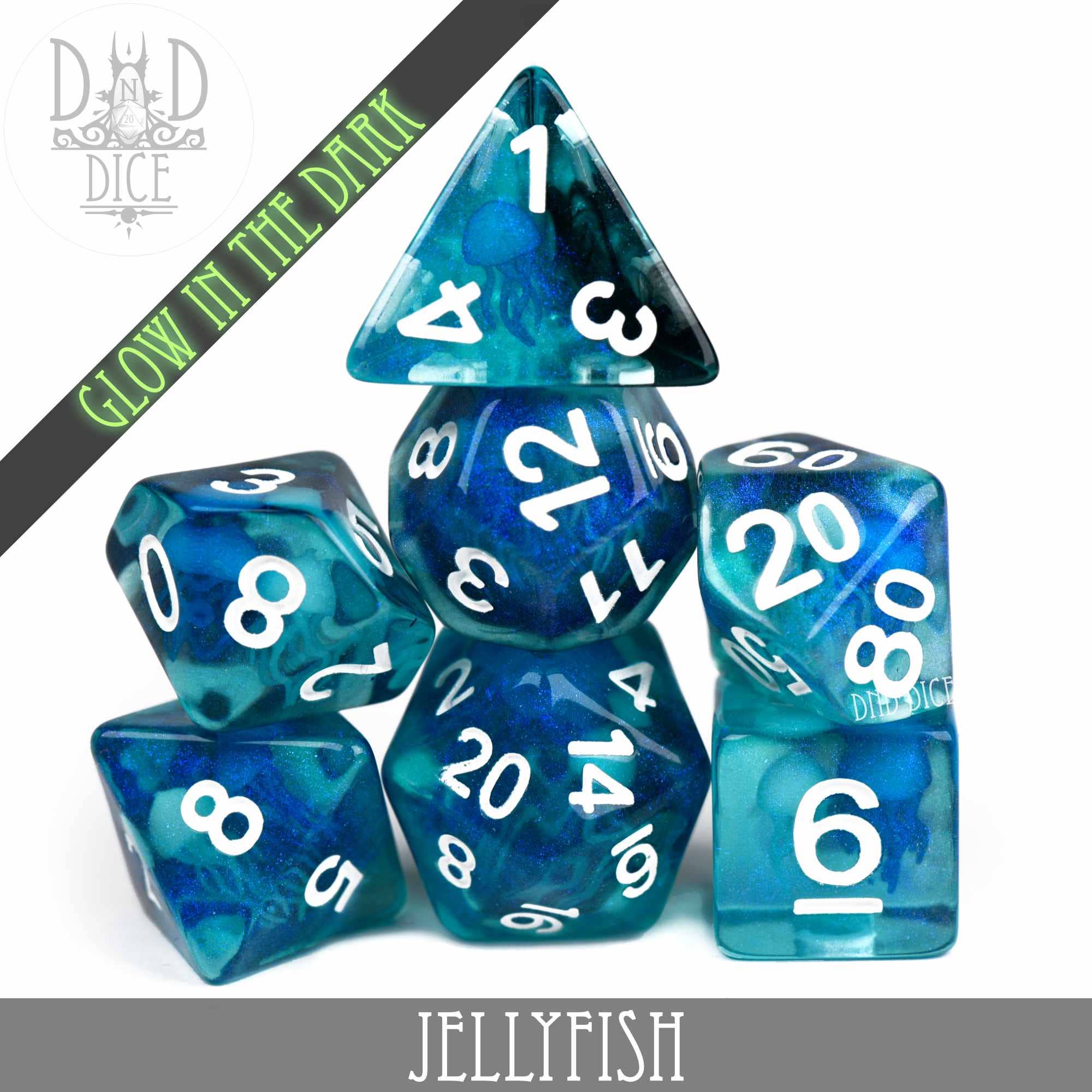 Jellyfish (Glow) blue-green resin dice set with white numbers.