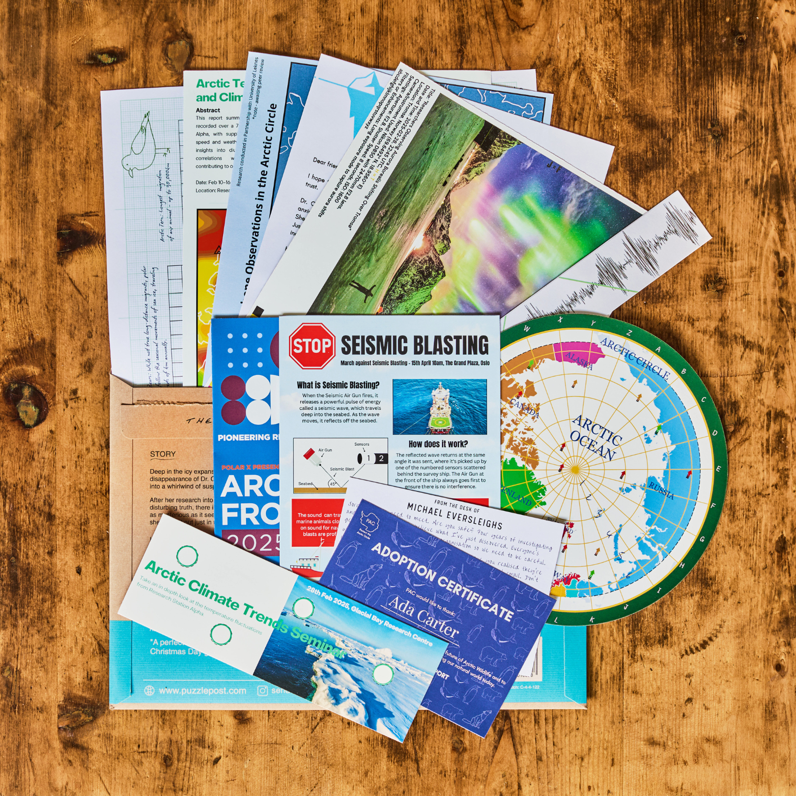 Escape Room in An Envelope: The Disappearance with Arctic-themed research papers, maps, and flyers for group play.