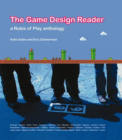 The Game Design Reader book cover with Mario-style art and three people on a hopscotch.
