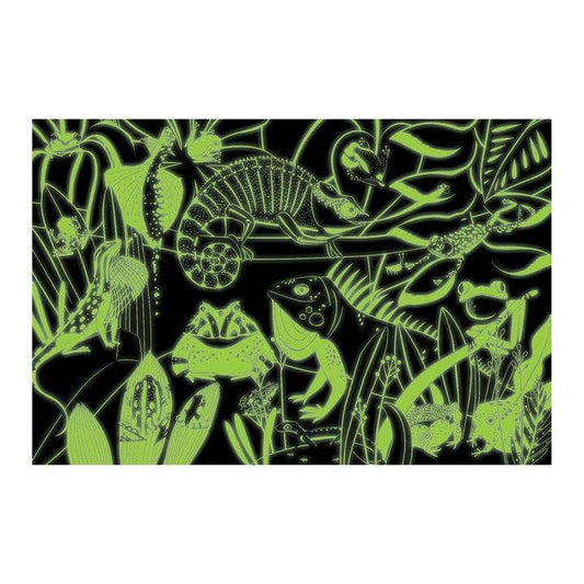 100-piece puzzle featuring frogs and lizards that glow in the dark with a dense jungle theme.