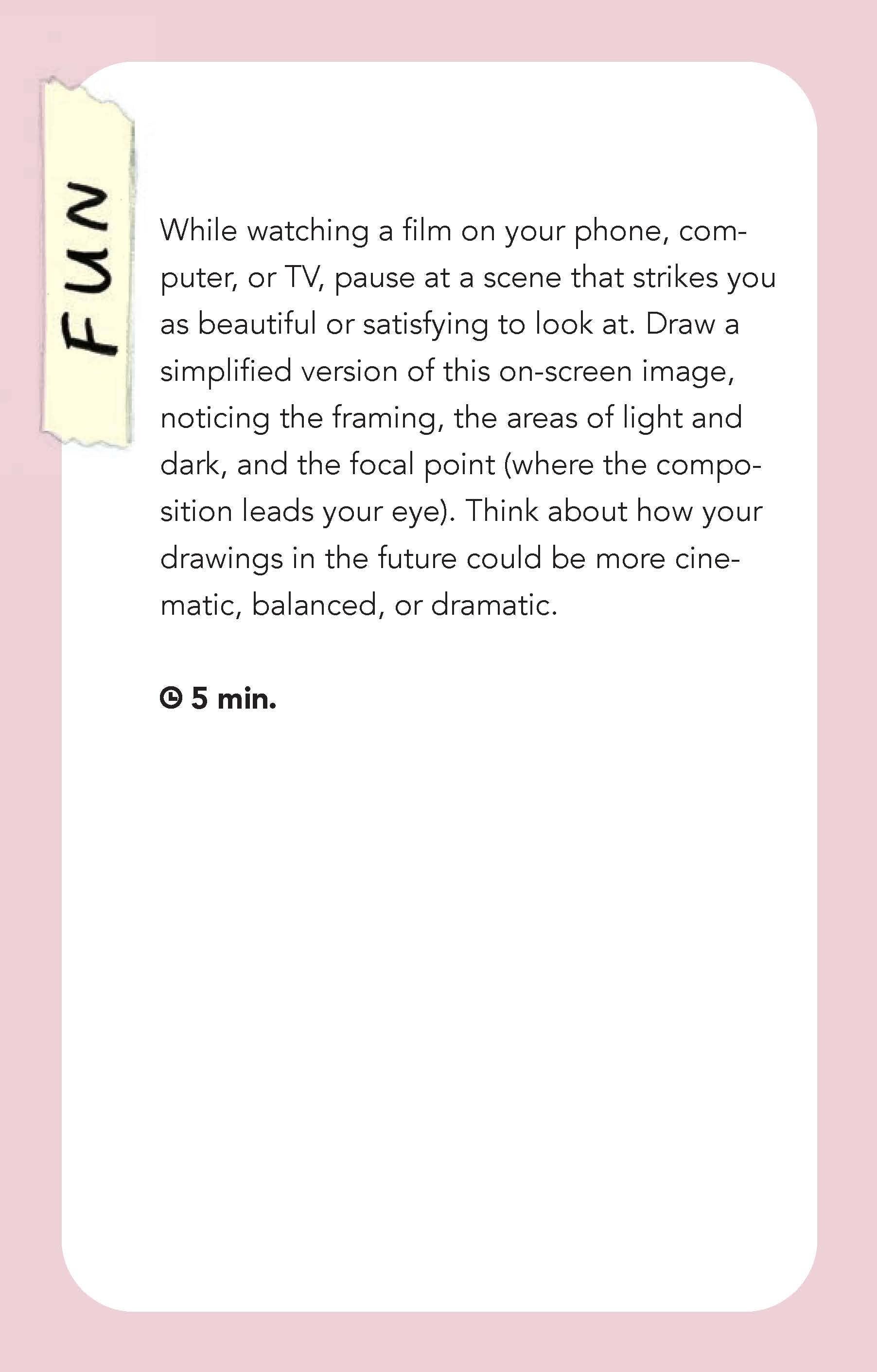 Time to Draw Deck with white card, FUN tab, and drawing prompts; black text on pink background.