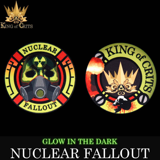 Nuclear Fallout 11-piece glow-in-the-dark dice set featuring gas mask, crown, and explosion icons.