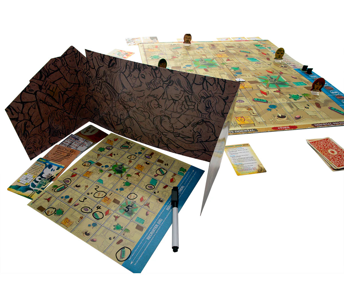 MIND MGMT The Psychic Espionage Game with hidden movement boards, cards, standees, marker, and privacy screen.