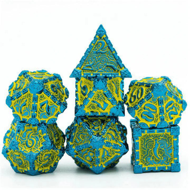 The Dagger of Venom: Yellow RPG Metal Dice Set by Foam Brain Games, stacked on a white background.
