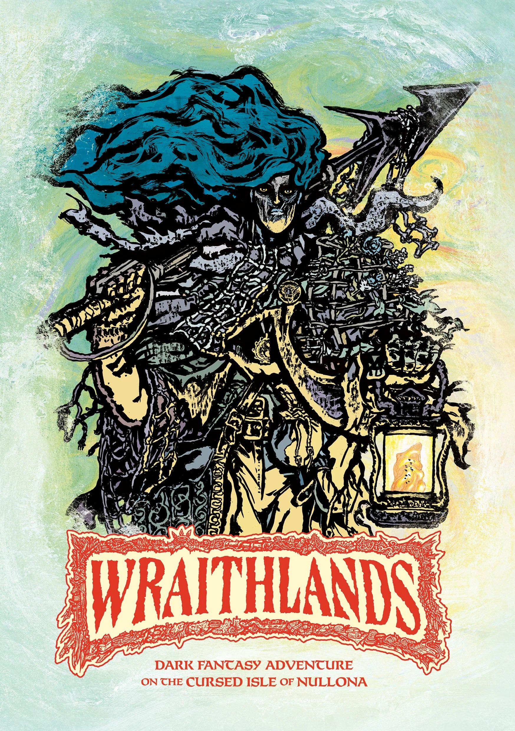 Wraithlands pen-and-paper adventure game featuring a blue-haired skeletal warrior with lantern and axe on a Celtic isle.