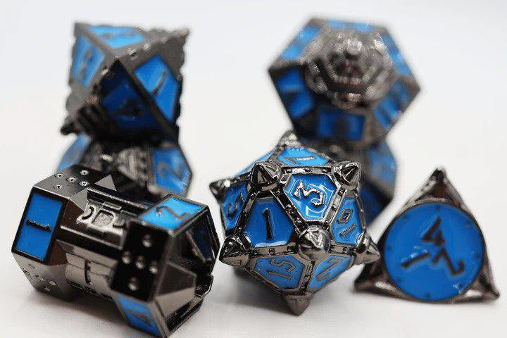 Black and blue UFO-themed metal RPG dice set, Dice 51: Kepler-452b CCG by Foam Brain.