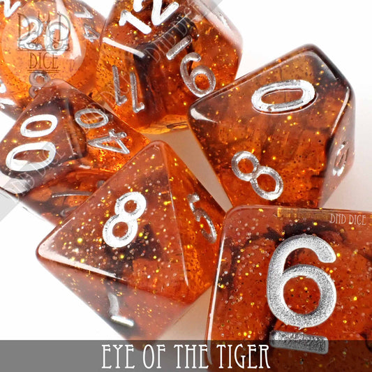 7-piece orange glitter resin DND dice set with silver numbers, Eye of the Tiger variant.