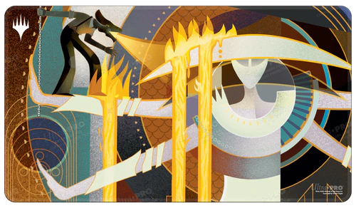 Rebuild the City White Stitched Playmat for Magic: The Gathering with abstract art of a figure forging glowing swords.
