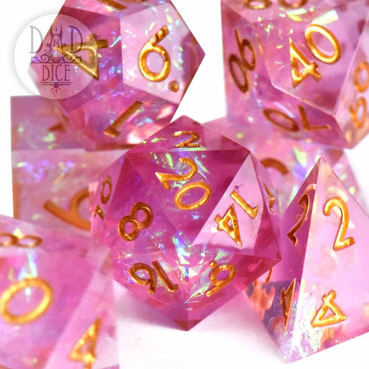 Purifying Light - Color Change handmade dice in pink sparkle resin with gold numbers.