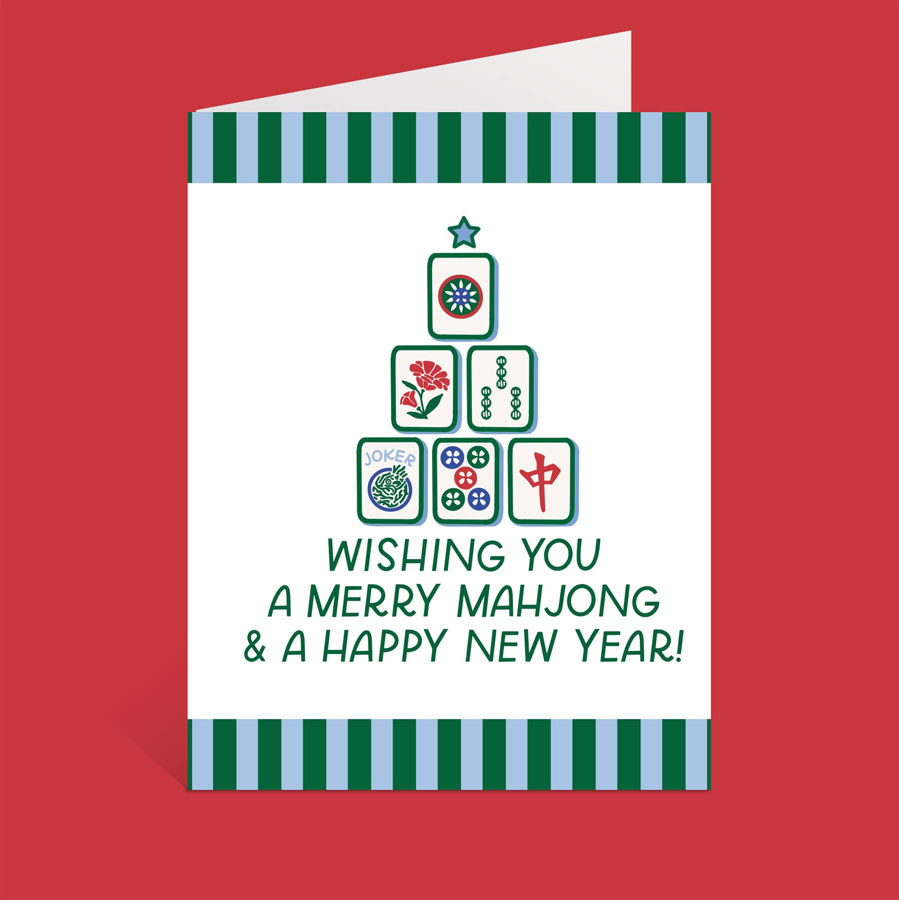 Merry Mahjong & Happy New Year greeting card featuring a Mahjong tile tree and the text: Wishing you a merry Mahjong.