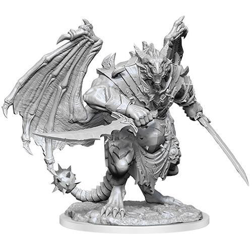 Draconian Dreadnought D&D Nolzurs W20 armored dragon figurine holding two swords.