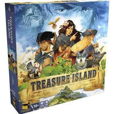 Treasure Island box featuring illustrated adventurers, a wolf, and a colorful treasure map on the packaging.