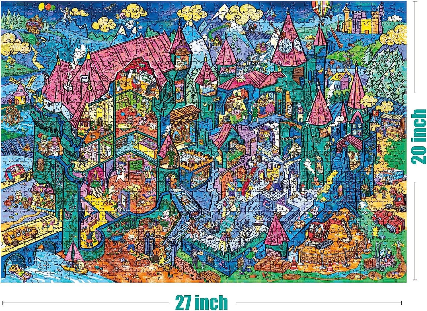 Cat Castle 1000 Piece Jigsaw Puzzle, fantasy castle with red rooftops, 27x20 inches.