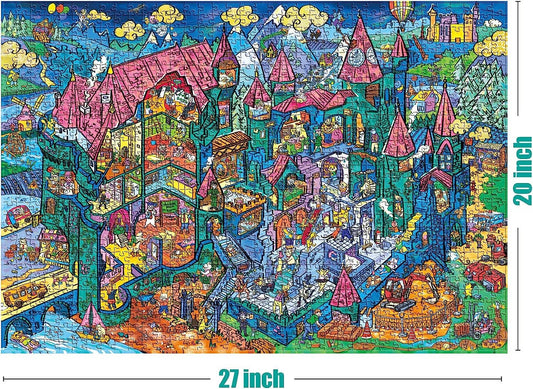 Cat Castle 1000 Piece Jigsaw Puzzle, fantasy castle with red rooftops, 27x20 inches.
