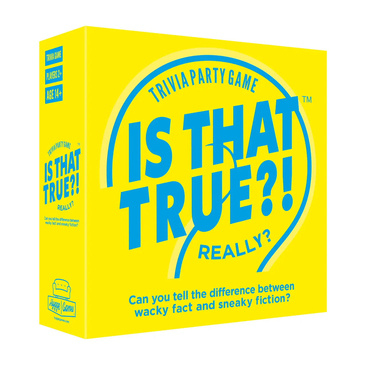 Is That True? game in a bright yellow box with bold blue text and playful design for adults.