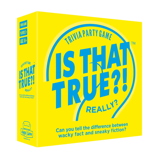 Is That True? game in a bright yellow box with bold blue text and playful design for adults.