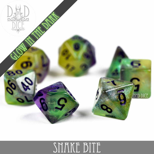 Snake Bite Glow in the Dark translucent green and purple 7-dice set for DnD.