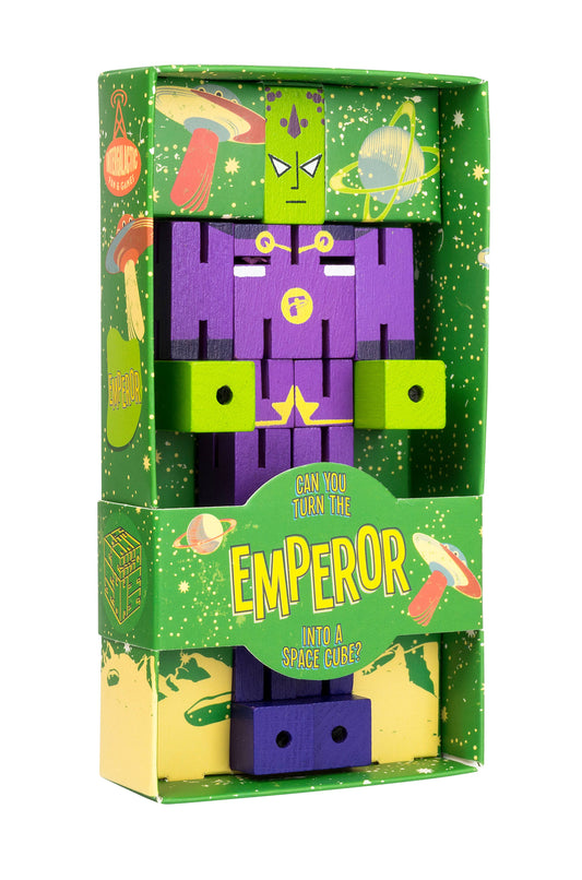 Puzzle Planet Display wooden robot toy in green packaging with space-themed decorations.