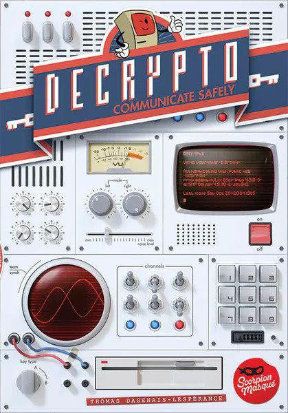 Decrypto board game box with retro electronics design and the tagline Communicate Safely.