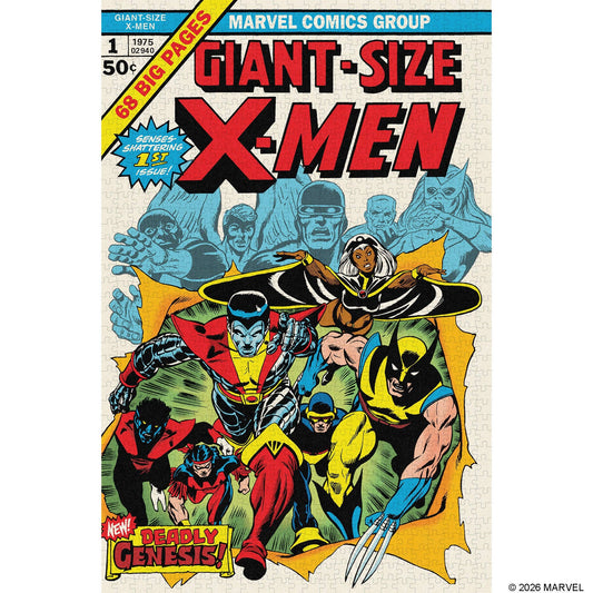 Marvel X-Men Jigsaw Puzzle and Trivia featuring heroes in vibrant costumes on a comic cover design.