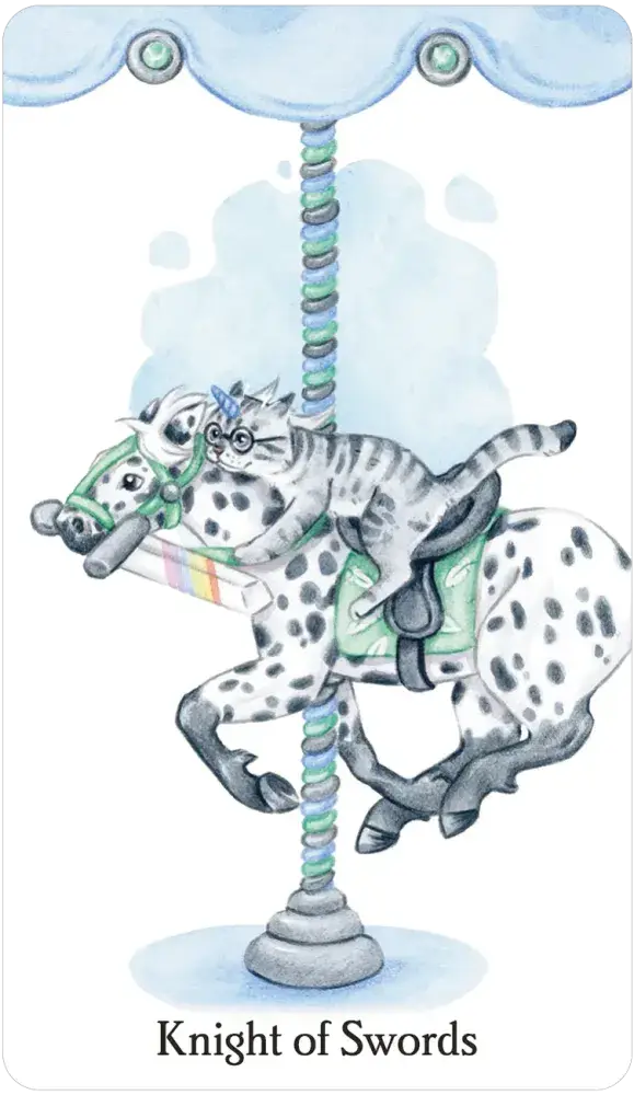 Caticorn Tarot card: Knight of Swords, featuring a gray tabby cat with glasses on a carousel horse under a blue canopy.