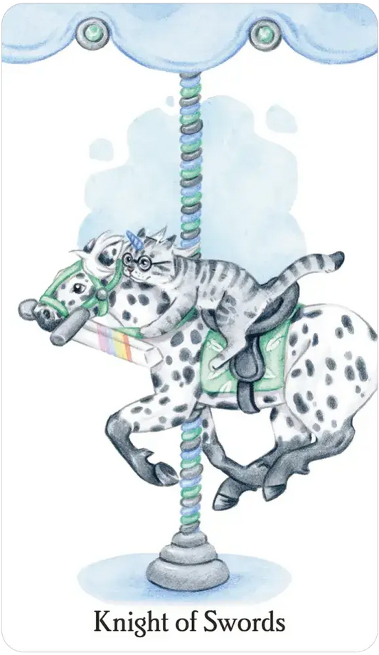 Caticorn Tarot card: Knight of Swords, featuring a gray tabby cat with glasses on a carousel horse under a blue canopy.