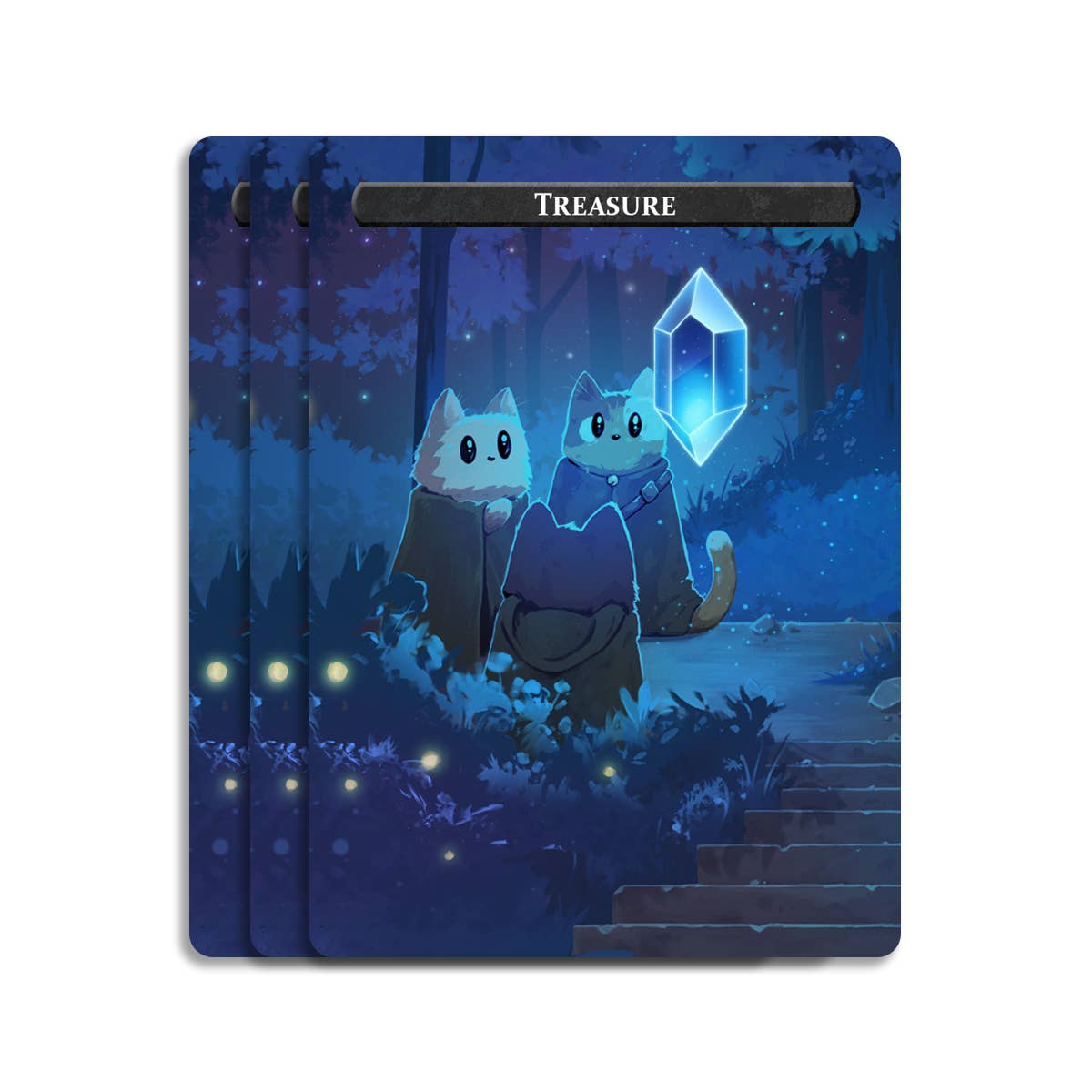 SOLDIER & Treasure Token Set featuring three magical cats in a forest with a blue crystal.