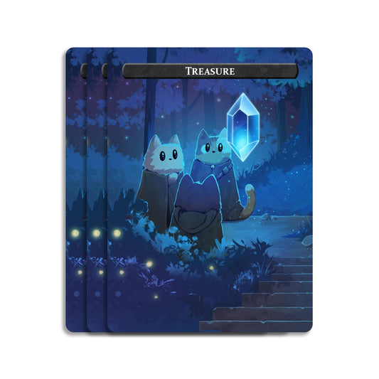 SOLDIER & Treasure Token Set featuring three magical cats in a forest with a blue crystal.