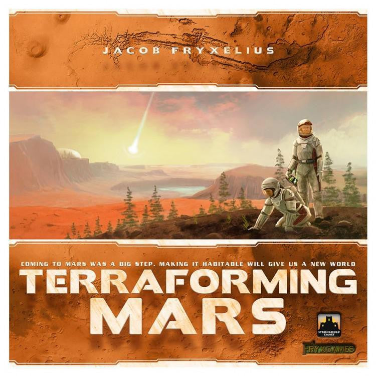Terraforming Mars board game box showing two astronauts on Mars and a meteor in the sky.