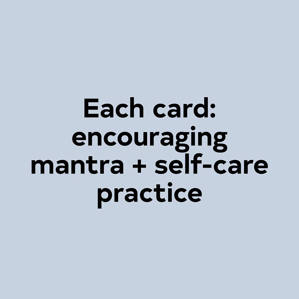 Calm the Chaos Cards displaying a mantra and self-care practice on a grey background.