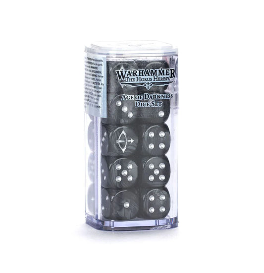 The Horus Heresy - Age of Darkness Dice Set with black six-sided dice and white pips in a clear plastic box.