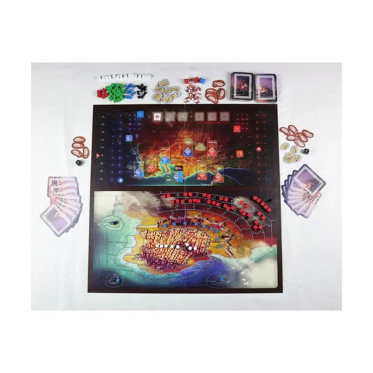 Freedom fantasy siege board game with cards, tokens, and a detailed map board.