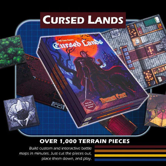 Dungeon Craft - Cursed Lands Book with 1,000+ customizable DnD 2D terrain map tiles and board game features.