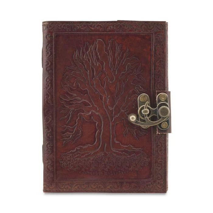 Earthbound Journals Tree of Life 4x5 handmade leather journal with embossed tree cover and brass latch.
