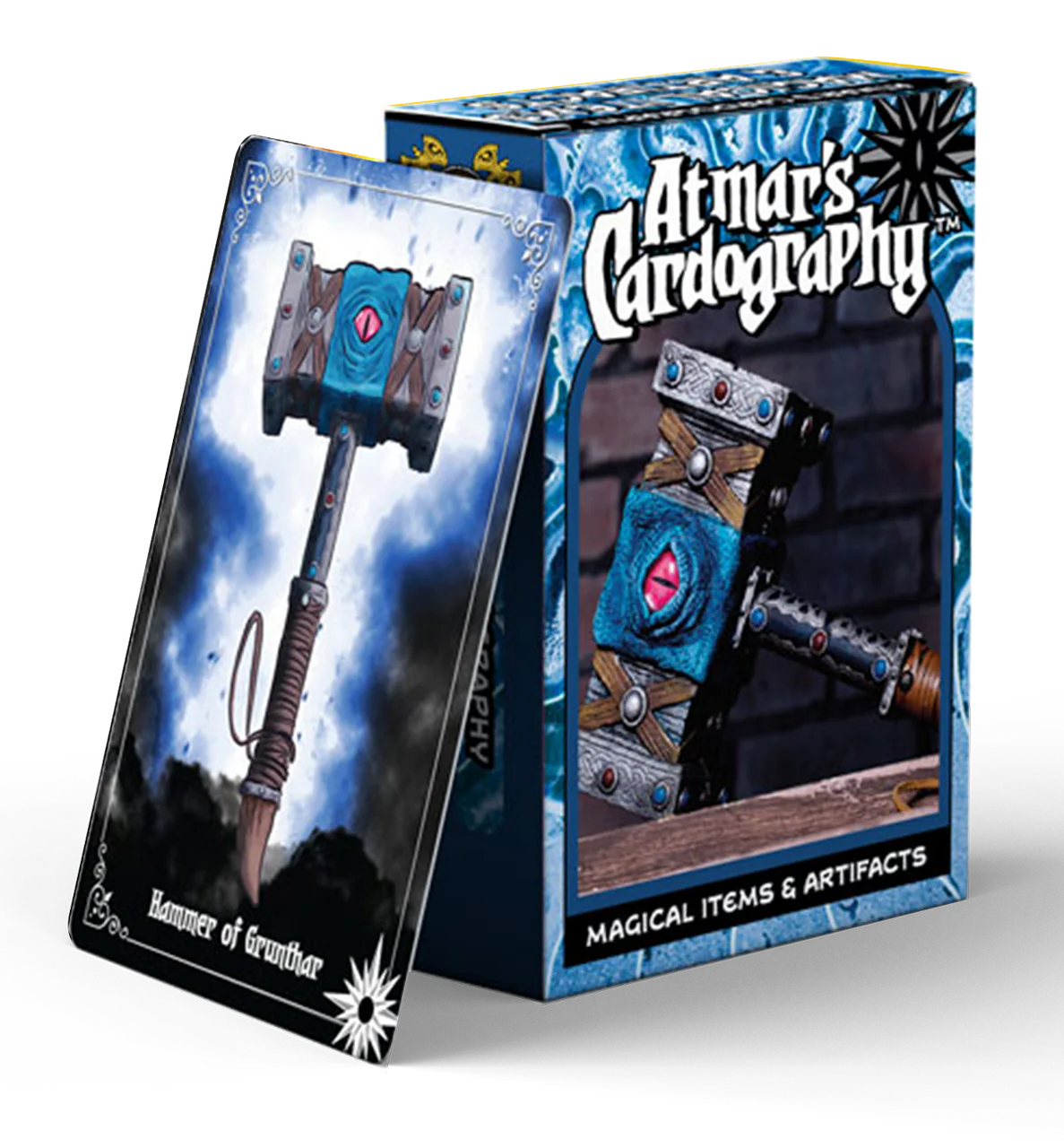 Cardography: Magical Items & Artifacts box with a card featuring a magical hammer.
