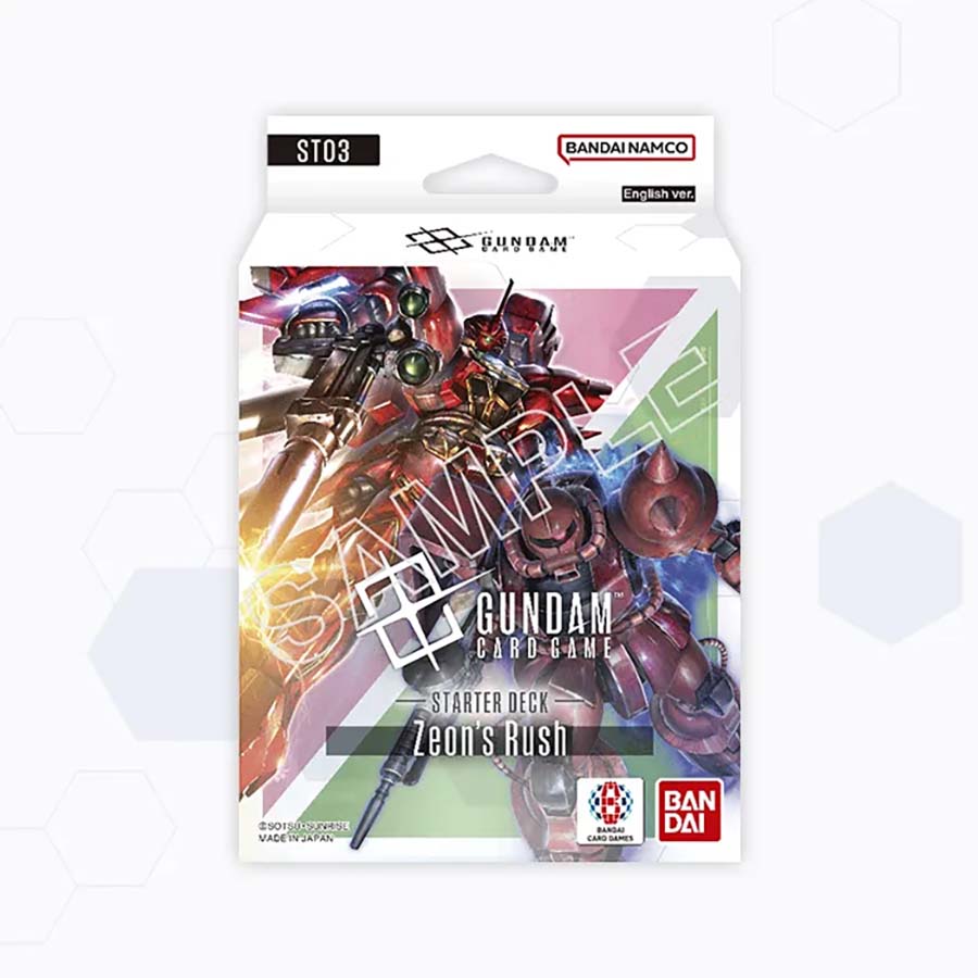 Gundam TCG Starter Deck Zeons Rush [ST03], includes red and purple mecha art and a bonus pack.