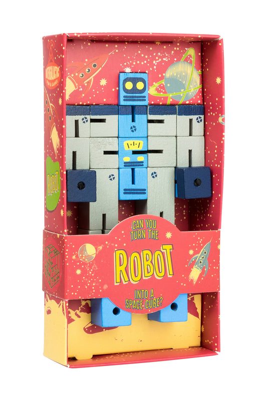 Puzzle Planet Display red box with robot toy that transforms into a space-cube; includes multiple difficulty levels.