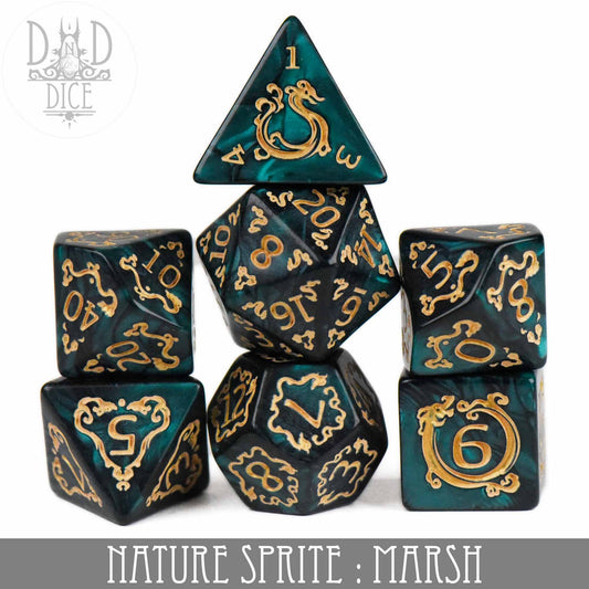 Nature Sprite: Marsh—set of 7 green and gold acrylic dice.