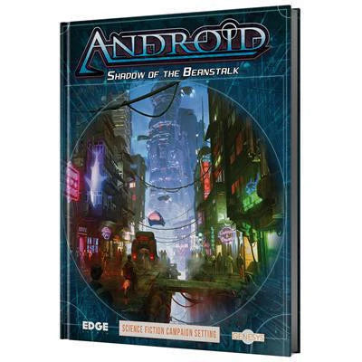 Genesys Shadow of the Beanstalk RPG book cover featuring a futuristic city with flying cars and neon lights.