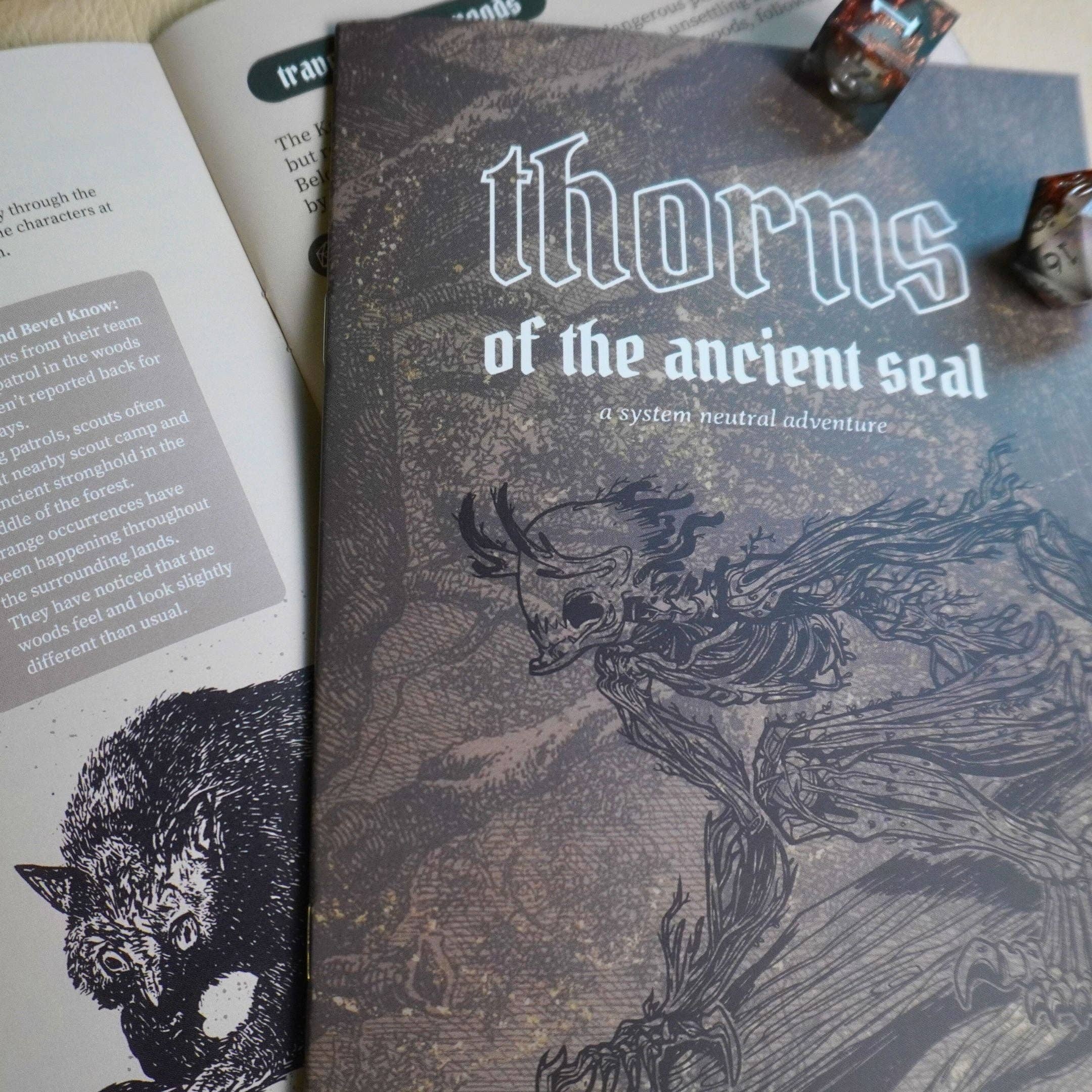 Thorns of an Ancient Seal Adventure Booklet, system-agnostic forest horror RPG supplement.