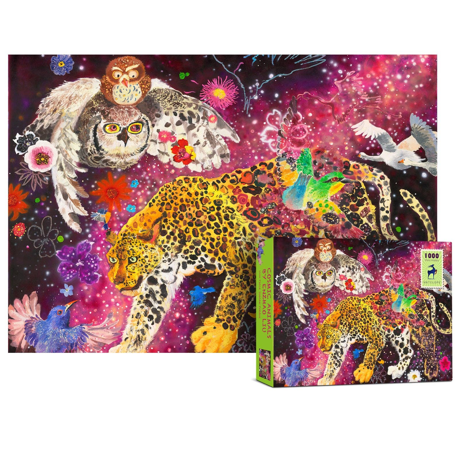 Cosmic Animals 1000 piece jigsaw puzzle with leopard, owl, birds, flowers, and stars in a cosmic scene.
