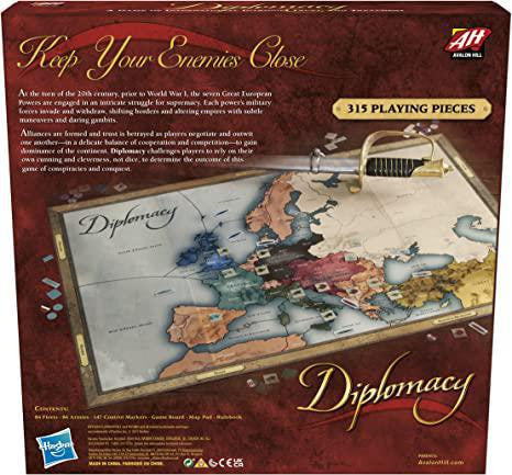 Diplomacy strategy game box cover with pre-WWI Europe map, sword, and tagline Keep Your Enemies Close.